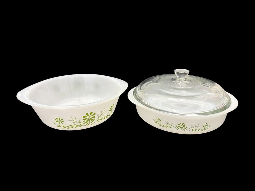2 Vintage Glasbake J514 2QT Casserole Dish Green Daisy Milk Glass Oval with Lid
